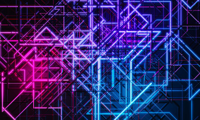 Abstract colorful neon line on dark background in blue and violet color. 3D illustration