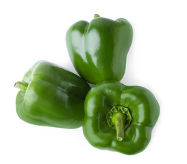 Ripe green bell peppers isolated on white, top view