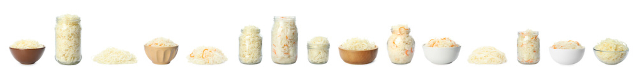 Set of tasty fermented cabbage isolated on white. Banner design