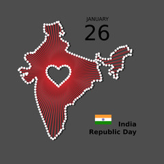 India Happy Republic Day. Patriotic illustration of India country unity with map, flag, heart.