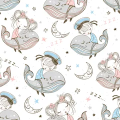 Tapeten Nahtloses Muster mit netten Kindern, die auf Walen schlafen. Süße Träume. Vektor © Olga