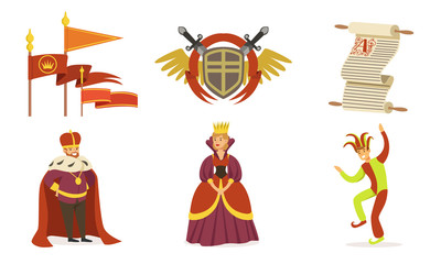 People in medieval clothes. Coat of arms, scroll and flags. Set of vector illustrations.