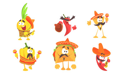 Humanized mexican food. Set of vector illustrations.