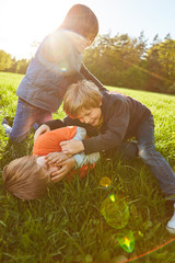 Drei Kinder toben auf einer Wiese herum