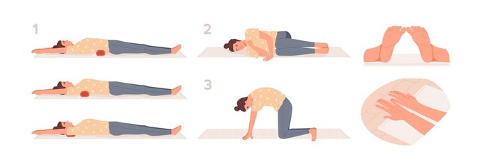 Roller exercise flat vector illustrations set. Girl putting roller under the shoulder blades, lower back and cervical vertebrae. Japanese physiotherapy. Posture, position of arms and legs.