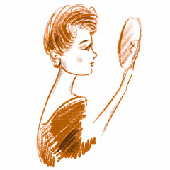 Young woman looks in the mirror at her reflection. Beautiful imaginary model with makeup, stylish hairstyle, long lashes. Pretty female illustration for banners, fashion, print, clothes, cover,surface