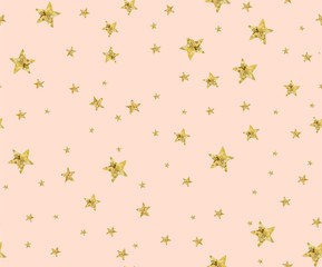 Seamless golden pattern of stars and eyes on a pastel pink background, Hand drawn overlapping background, Background for textile wrapping paper. Universal pattern. Vector illustration for design.