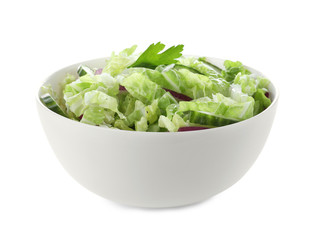 Tasty salad with cabbage and cucumbers isolated on white