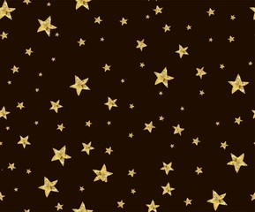 Seamless pattern with golden eyes with textured stars on a black background for New Year and Christmas.. Decorative wallpaper, Hand drawn overlapping background, Background for textile wrapping paper.
