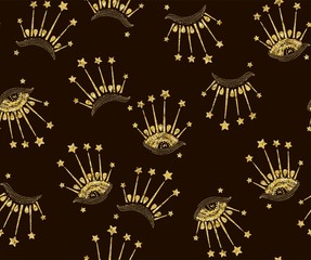 Fototapeta na wymiar Seamless golden pattern of stars and eyes on a black background. Colorful background. Decorative wallpaper, Hand drawn overlapping background, Background for textile wrapping paper. Universal pattern.