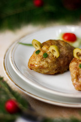 Food art rat shaped meat and vegetable funny creative idea free space for text - holidays, winter, celebration, Christmas and  new year concept.. new year 2020 food