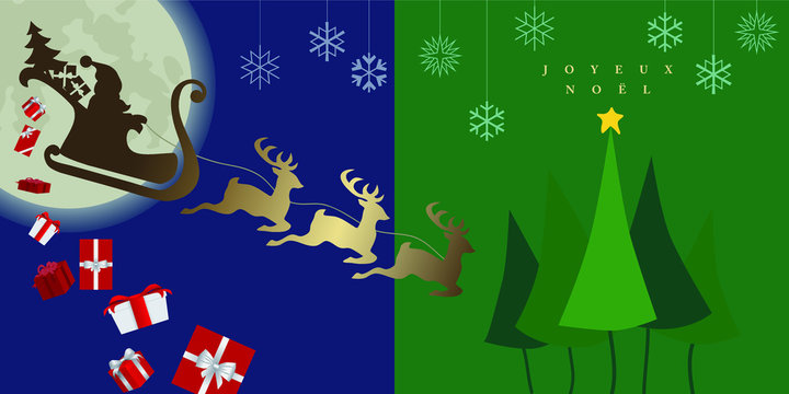 Carte de Noël en deux parties - un côté avec le père Noël et son traineau sur un fond bleu, de l’autre côté des sapins sur un fond vert.