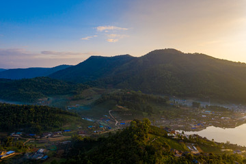 Aerial landscape with sunrise in the morning located in Maehongsan province, Thailand.