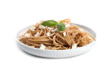 Tasty buckwheat noodles with feta isolated on white