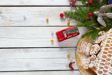 Christmas decoration on white wooden surface