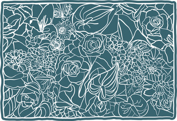Hand drawn romantic floral background. Flowers and lines, lace.