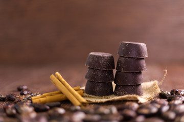 Pieces of handmade chocolate with cinnamon and cocoa beans on wooden board - Guatemalan chocolate