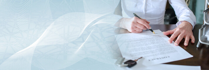 Woman signing a car purchase contract; panoramic banner