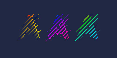 Several variants of one letter A of the Latin alphabet. Dynamic sign in bright color and consisting of lines.