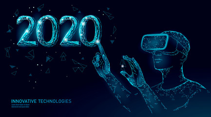 Low poly 3D 2020 date number holiday greeting card. Happy New Year high technology virtual reality. Engineering party invitation sale vector illustration