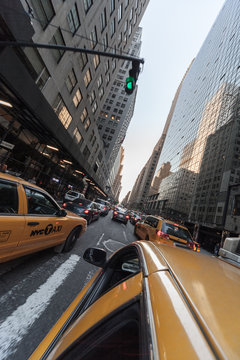 Yellow Cabs Traffic Queuing In Lexington Avenue, New York City, USA