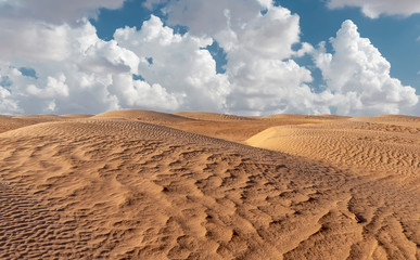 Baked dunes of the Sahara Desert, against a background of blue sky