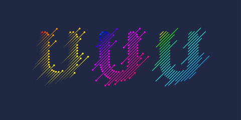 Several variants of one letter U of the Latin alphabet. Dynamic sign in bright color and consisting of lines.
