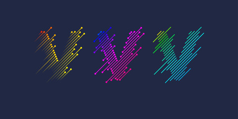 Several variants of one letter V of the Latin alphabet. Dynamic sign in bright color and consisting of lines.