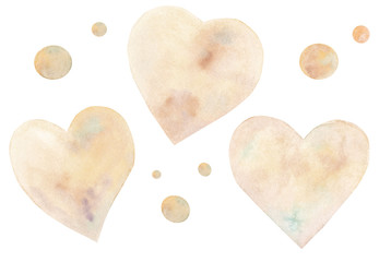 Watercolor hand painted  hearts and circles like kraft paper texture set isolated on white background. Good for Valentine's day or wedding card, posters, invitations