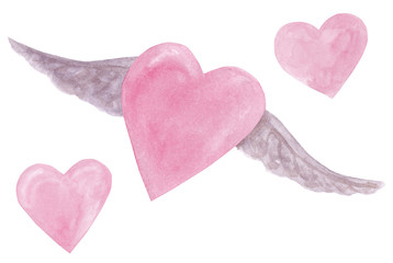 Valentine's day hearts set. Watercolor hand painted  pink flying heart with grey wings isolated on white background. Good for card, posters, invitations, fabrics, wallpapers, scrapbooking etc.