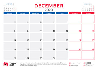 December 2020. Calendar planner stationery design template. Vector illustration. Week starts on Monday