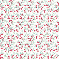 Hand-drawn botanical watercolor. Seamless pattern with branches, leaves and berries for wrapping paper, fabrics, wallpaper, textile and more. Bright watercolor background.