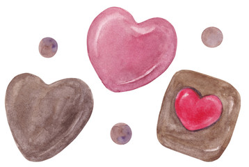 Valentine's day sweets set. Watercolor hand painted  chocolate heart shaped candies isolated on white background. Good for card, posters, invitations