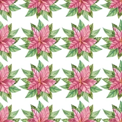 Fotobehang Christmas botanical watercolor. Seamless pattern with poinsettia and leaves for textile,  postcards, wrapping paper, fabrics and more. Bright Christmas background. © Zinziber