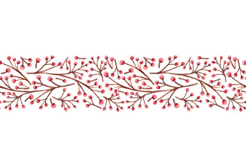 Christmas botanical watercolor. Seamless ribbon with branches, and berries for postcards, scrapbooking, wrapping paper, fabrics and more.