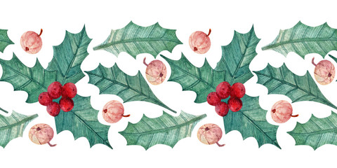 Christmas botanical watercolor. Seamless ribbon with holly, leaves and berries for postcards, scrapbooking, wrapping paper, fabrics and more. Bright Christmas background.