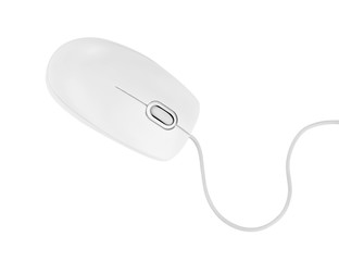 Modern wired optical mouse isolated on white, top view