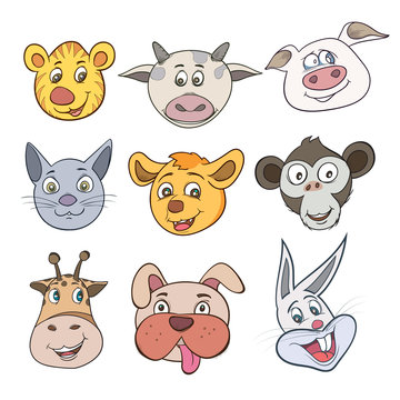 Vector illustrations set of cute animal face.The image is freely separated from the white background.
