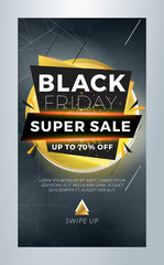 Black Friday Sale. Editable templates for social media stories. story template with special offer tag. Golden and black color theme with light effects. Vector illustration