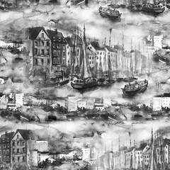 Watercolor landscape of the old city. Art illustration, seamless background. Vintage, monochrome drawing, abstract splash of paint, silhouettes of houses, buildings. Stylish drawing of the city