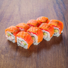 Japanese rolls for menu Photo on wooden table