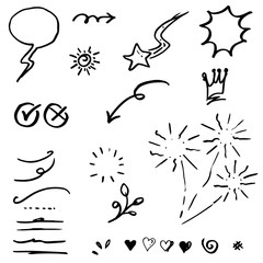 Hand drawn set elements, black on white background. Arrow, heart, love, speech bubble, star, leaf, sun,light,check marks ,crown, king, queen,Swishes, swoops, emphasis ,swirl, heart, for concept