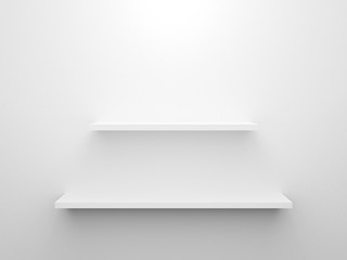 3d render of white retail shop shelf hanging on wall.