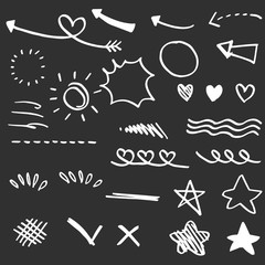 Hand drawn set elements, White on black background. Arrow, heart, love, star, leaf, sun, light, crown, king, queen,Swishes, swoops, emphasis ,swirl, heart, for concept design.