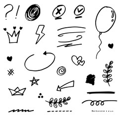 Hand drawn set elements, black on white background. Arrow, heart, love, speech bubble, star, leaf, sun,light,check marks ,crown, king, queen,Swishes, swoops, emphasis ,swirl, heart, for concept
