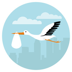 Fototapeta premium Stork carries a child in the clouds. Stork with a baby. Flat, vector illustration of a stork carrying a child.