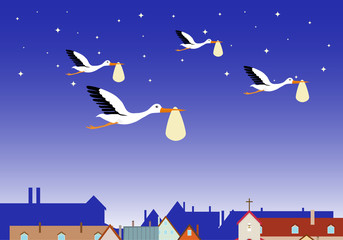 A stork carries a child in the night sky above the rooftops. Storks with a baby. Flat, vector illustration of a stork carrying a child.