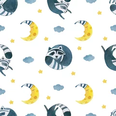 Gardinen Nahtloses Muster Aquarell schlafender Waschbär, der isoliert auf weißem Hintergrund liegt, wildes Säugetier, handgezeichnete dekorative Illustration süßes Tier für Design-Gute-Nacht-Karten, Cartoon-Hintergrund im Kinderzimmer © m_e_l