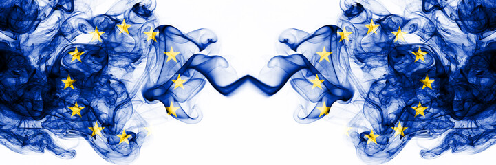 Eu, European Union vs European Union, EU smoky mystic flags placed side by side. Thick colored silky abstract smoke flags combination