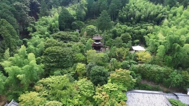 Flying by drone over a Kyoto Temple at a summer day.